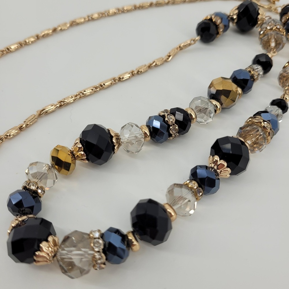 Glam Black Grey Gold Tone Statement Necklace Faceted Crystal Beaded Rhinestone